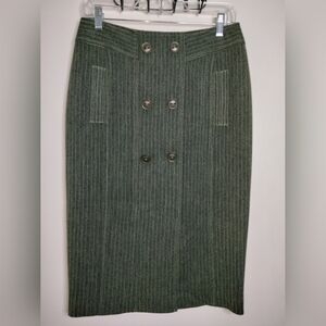 Vex Collection (Size 38) Olive Wool Blend Pinstripe Accent Button Pencil Skirt